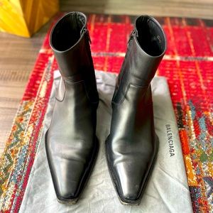 Black BALENCIAGA Tiaga Leather Boots With Stacked Heel. Size 44.